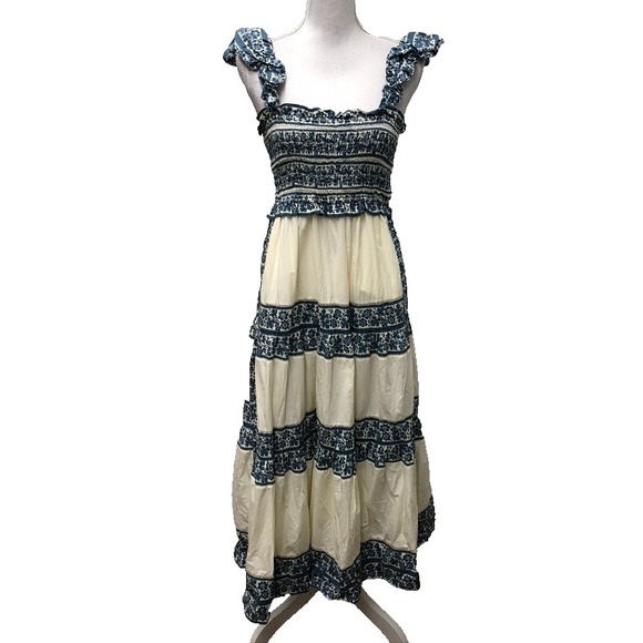 SEA Arlo Smocked Dress Womens Small Floral Stripe Blue Boho Indie Milkmaid